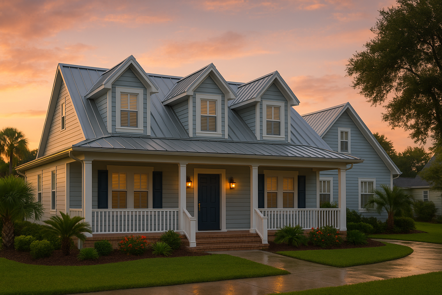Beautiful coastal home with metal roof at sunset in Florida